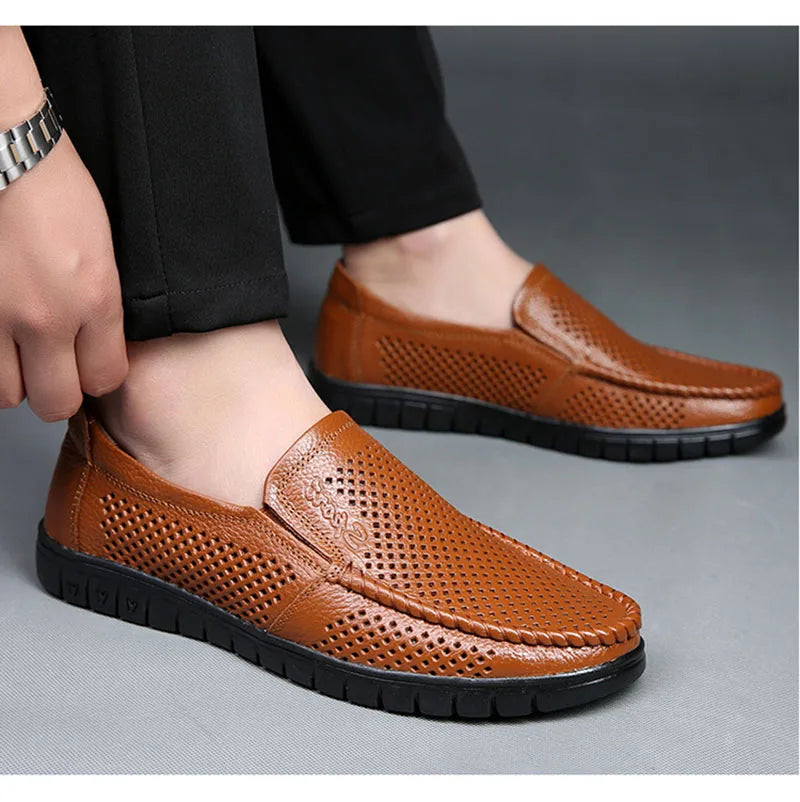 Fashion Genuine Leather Shoes Men Flat Breathable Summer Mens Casual Shoes Soft Comfortable Leather Male Footwear KA3559