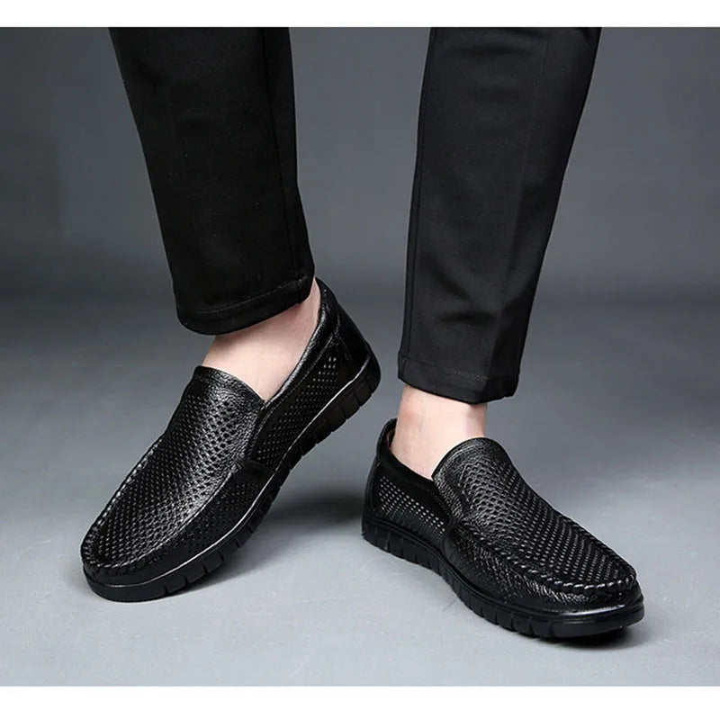 Fashion Genuine Leather Shoes Men Flat Breathable Summer Mens Casual Shoes Soft Comfortable Leather Male Footwear KA3559