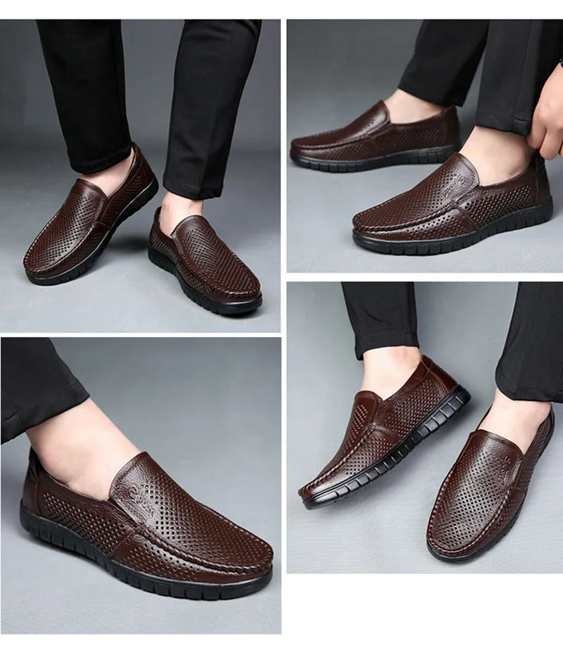 Fashion Genuine Leather Shoes Men Flat Breathable Summer Mens Casual Shoes Soft Comfortable Leather Male Footwear KA3559