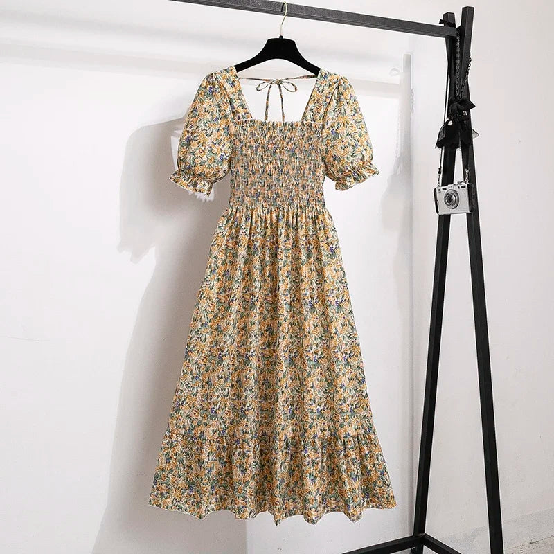 Spring Summer Women’s Chiffon Dress – Elegant Pleated Short Sleeve A-Line Casual Wear