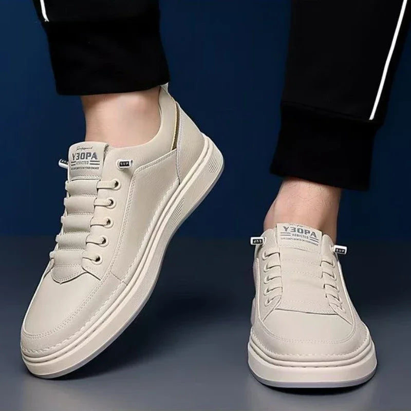 Leather Casual Shoes for Men – Breathable White Sneakers, Fashion Driving & Walking Tennis Flats, Italian Office Style