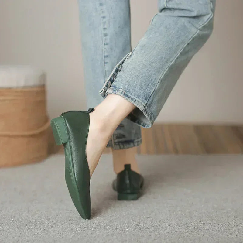 Women’s Genuine Leather Loafers – Low Heel, Round Toe, Casual Style