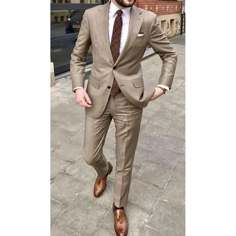 Men’s 2-Piece Khaki Suit – Slim Fit Single-Breasted Blazer & Pants for Summer
