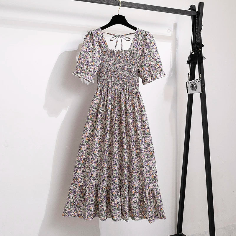 Spring Summer Women’s Chiffon Dress – Elegant Pleated Short Sleeve A-Line Casual Wear