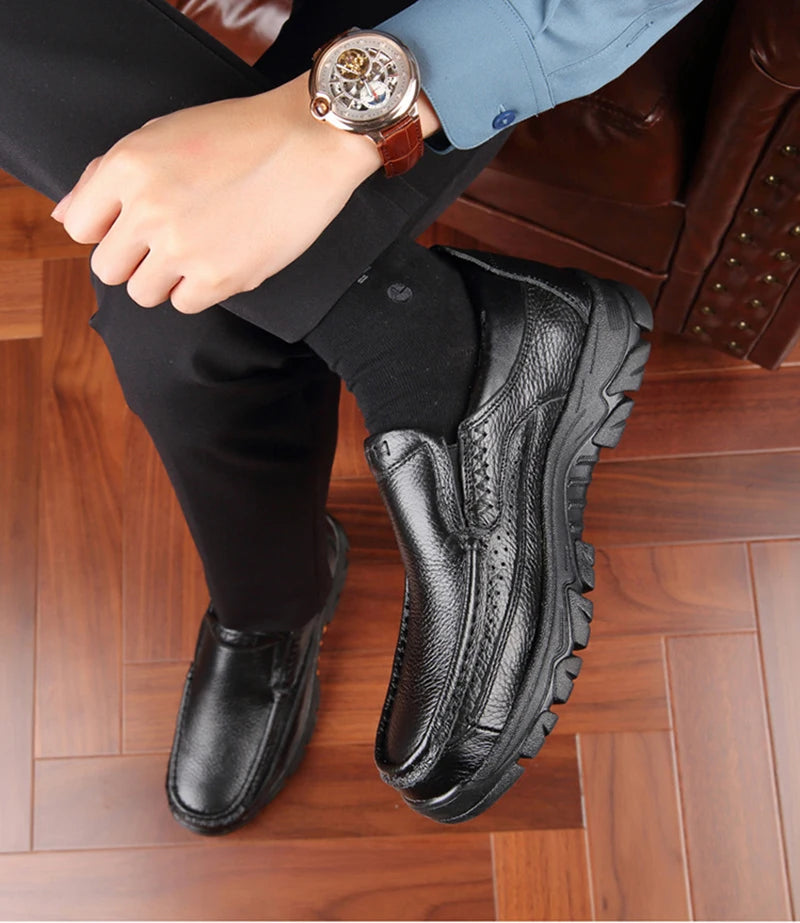 Men’s Genuine Leather Loafers – Soft Cowhide Casual Slip-On Shoes with Thick Sole, Black & Brown
