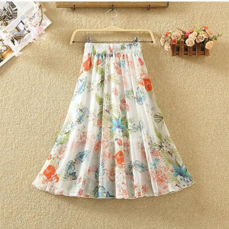 Women’s Summer Midi Skirt – Retro Floral Print with Elastic Waist & Lacing Detail
