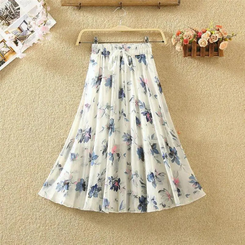 Women’s Summer Midi Skirt – Retro Floral Print with Elastic Waist & Lacing Detail
