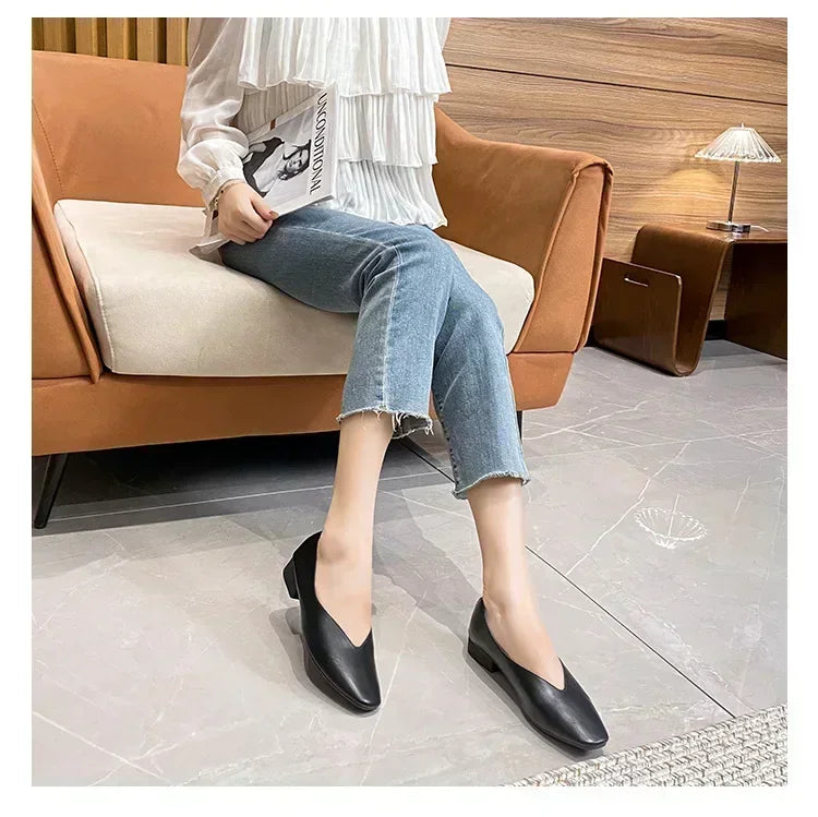 Women’s Genuine Leather Loafers – Low Heel, Round Toe, Casual Style