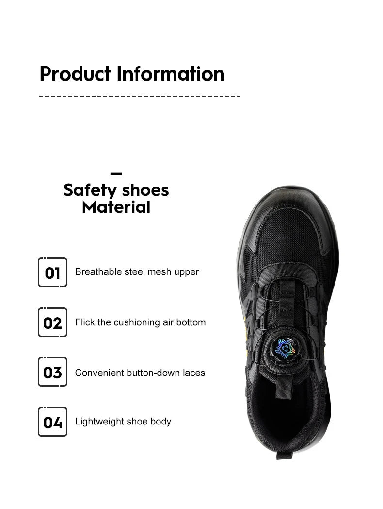 Men’s Steel Toe Safety Shoes – Rotating Button Work Sneakers with Air Cushion & Puncture-Proof Protection