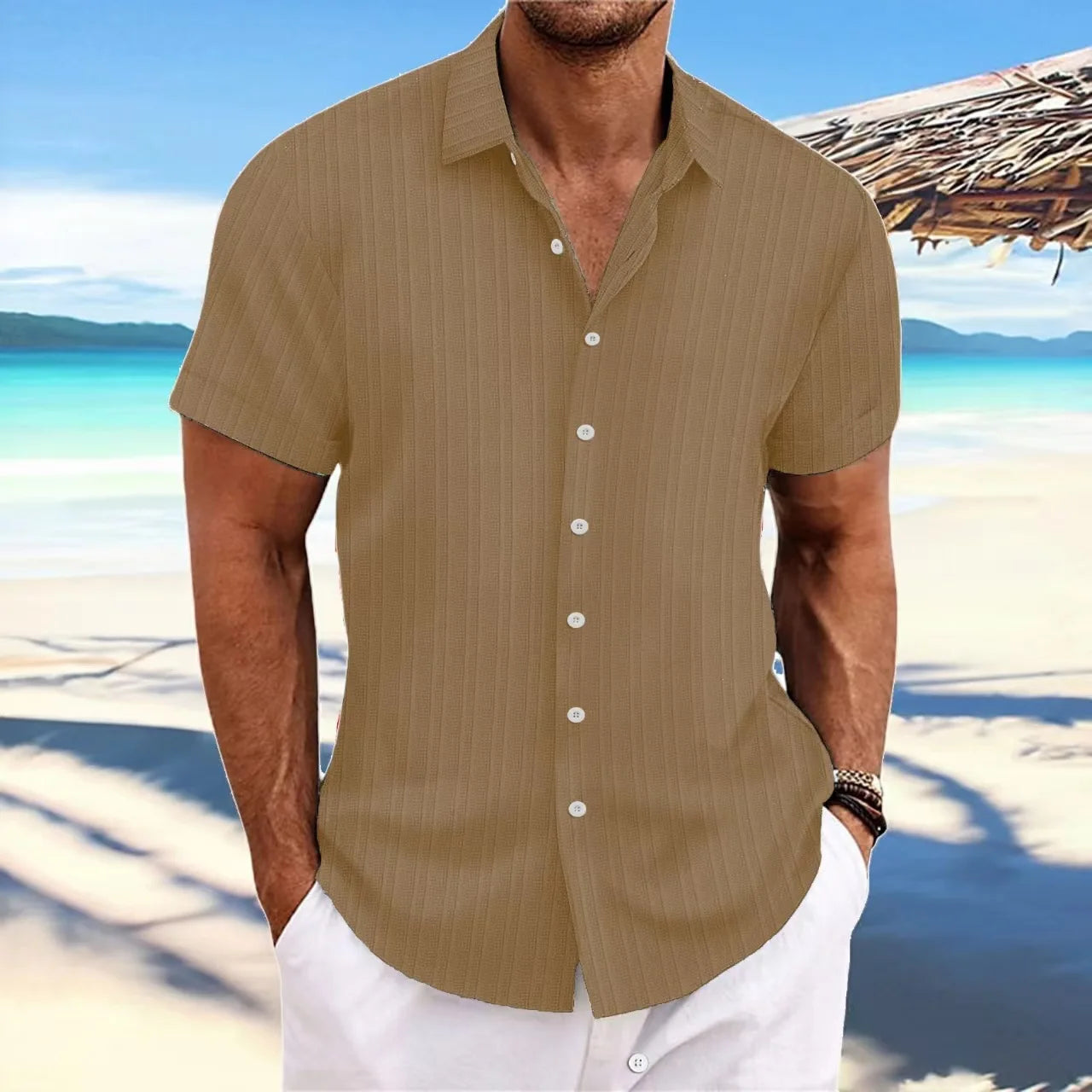 Men’s Short-Sleeve Jacquard Shirt – Trendy Solid Color Wave Stripe Casual Wear