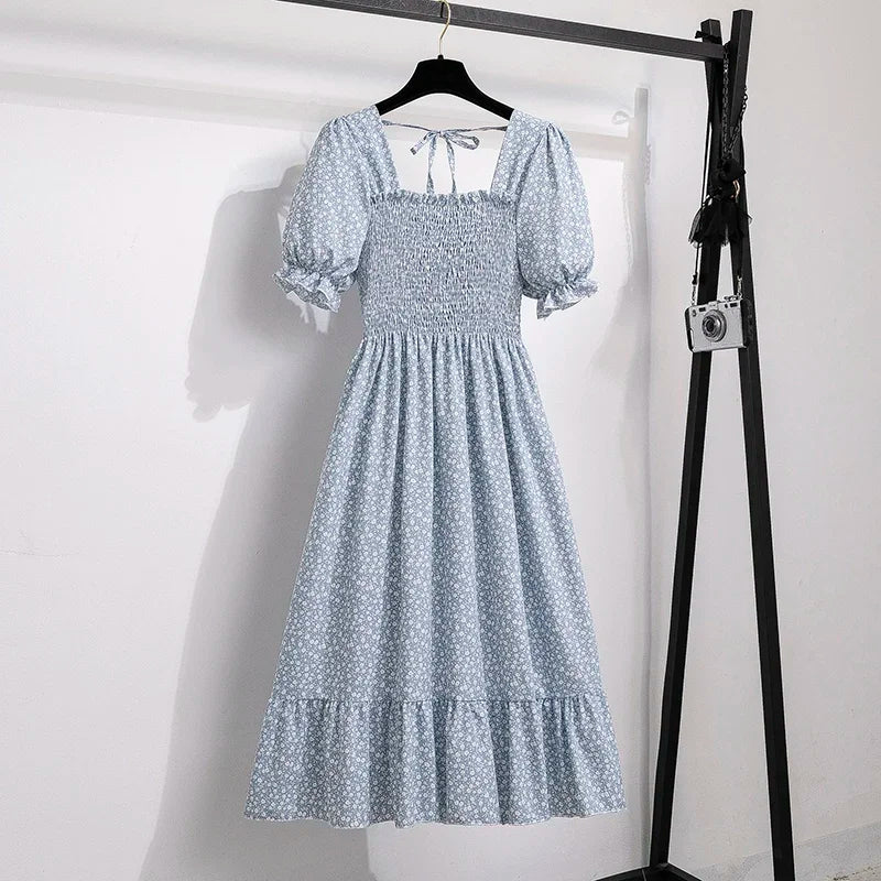 Spring Summer Women’s Chiffon Dress – Elegant Pleated Short Sleeve A-Line Casual Wear