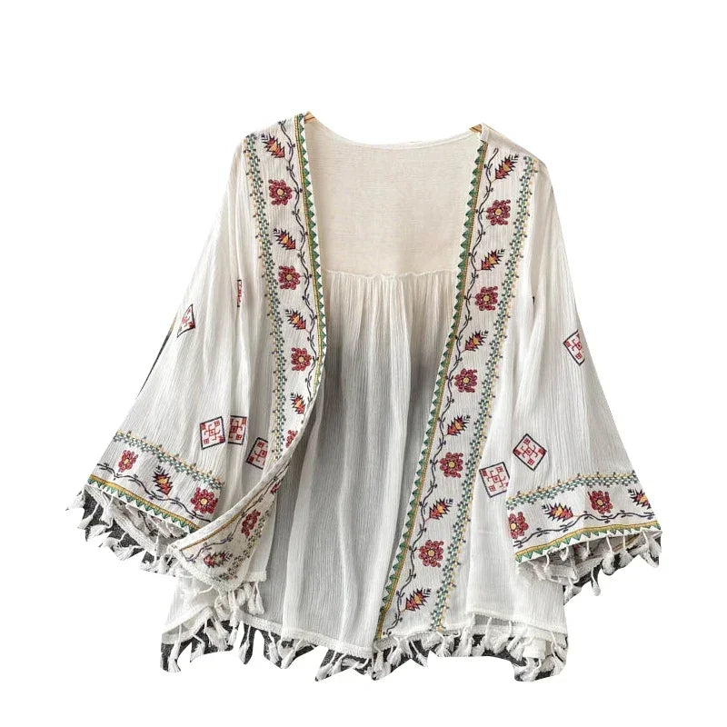 Women’s Bohemian Chiffon Shirt – Embroidered Tassel Cardigan Style, Slim Waist Short Top