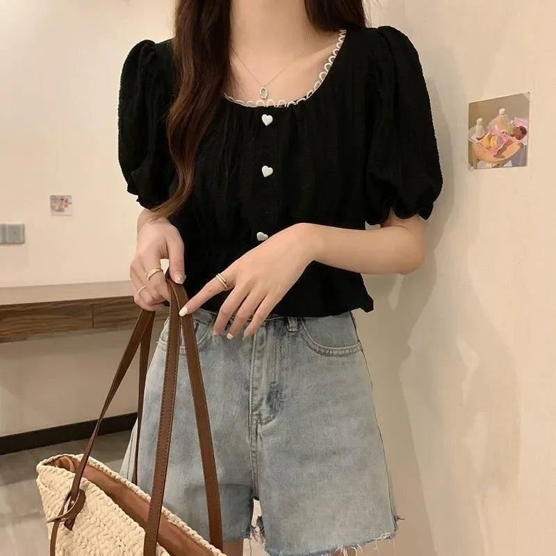 Summer Women’s Puff Sleeve Chiffon Shirt – Cute Ruffle Waist-Tight Casual Crop Top