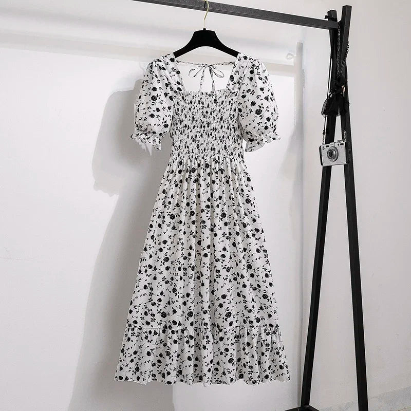 Spring Summer Women’s Chiffon Dress – Elegant Pleated Short Sleeve A-Line Casual Wear