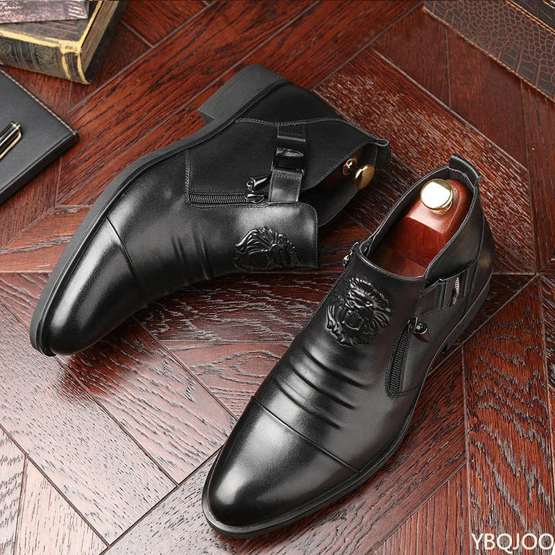 Men’s Winter Leather Ankle Boots – Elegant British Style with Side Zip & Non-Slip Sole