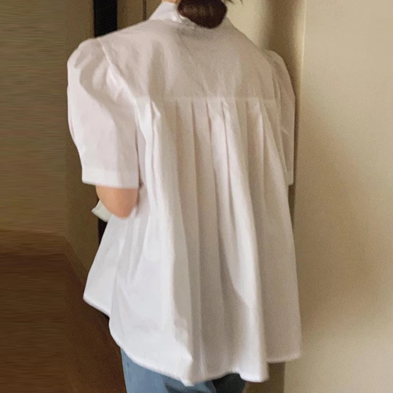 Women’s Summer Shirt – Chic Loose Fit with Bubble Sleeves & Pleated Turn-Down Collar