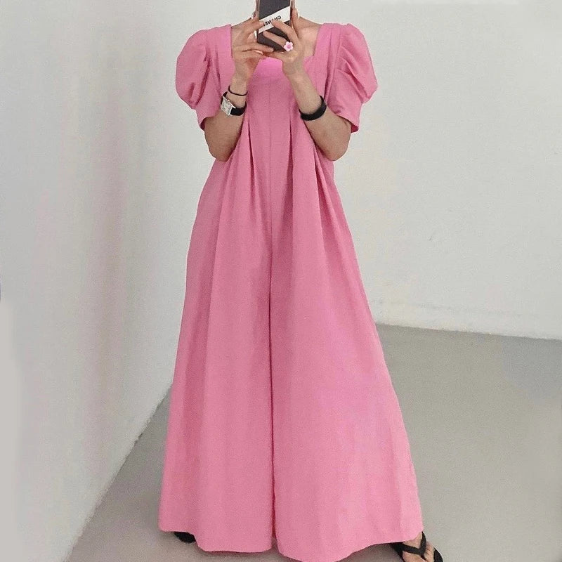 Women’s Summer Jumpsuit – Chic Square Collar with Pleated Design & Bubble Sleeves