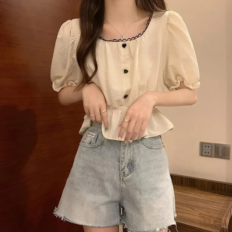 Summer Women’s Puff Sleeve Chiffon Shirt – Cute Ruffle Waist-Tight Casual Crop Top