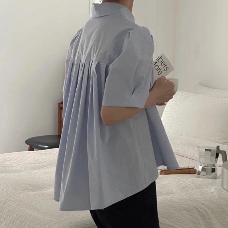 Women’s Summer Shirt – Chic Loose Fit with Bubble Sleeves & Pleated Turn-Down Collar