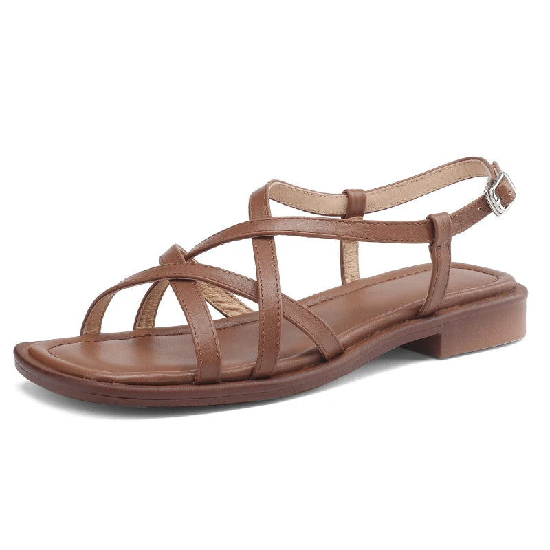 JOZHAMTA Women’s Leather Gladiator Sandals – Strappy Flats with Low Heels (Sizes 34–43)