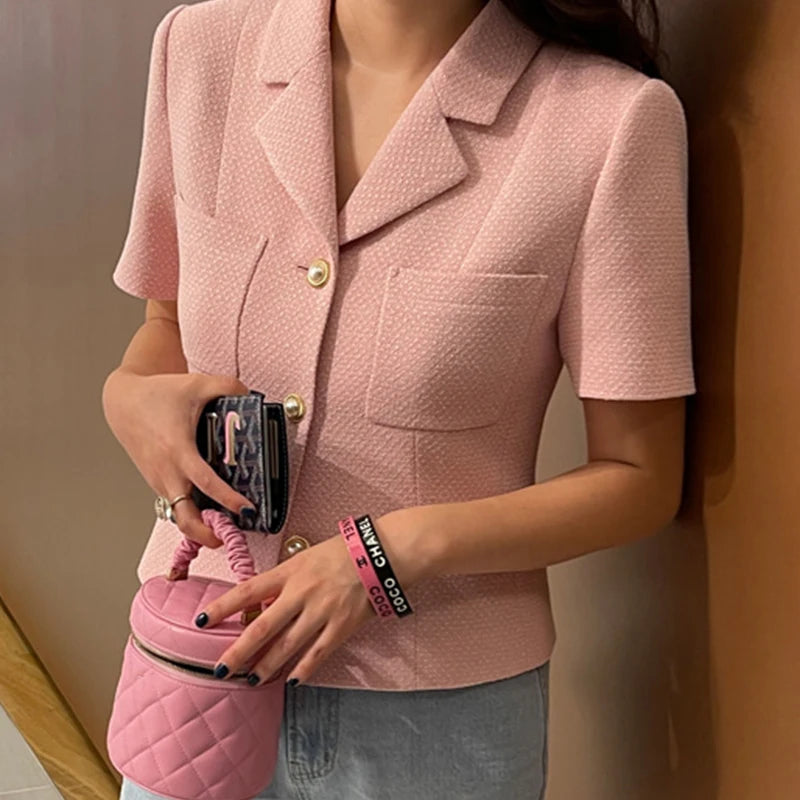 Women’s Korean Chic Tweed Blazer – Lightweight Summer Jacket with Notch Lapel & Single Button