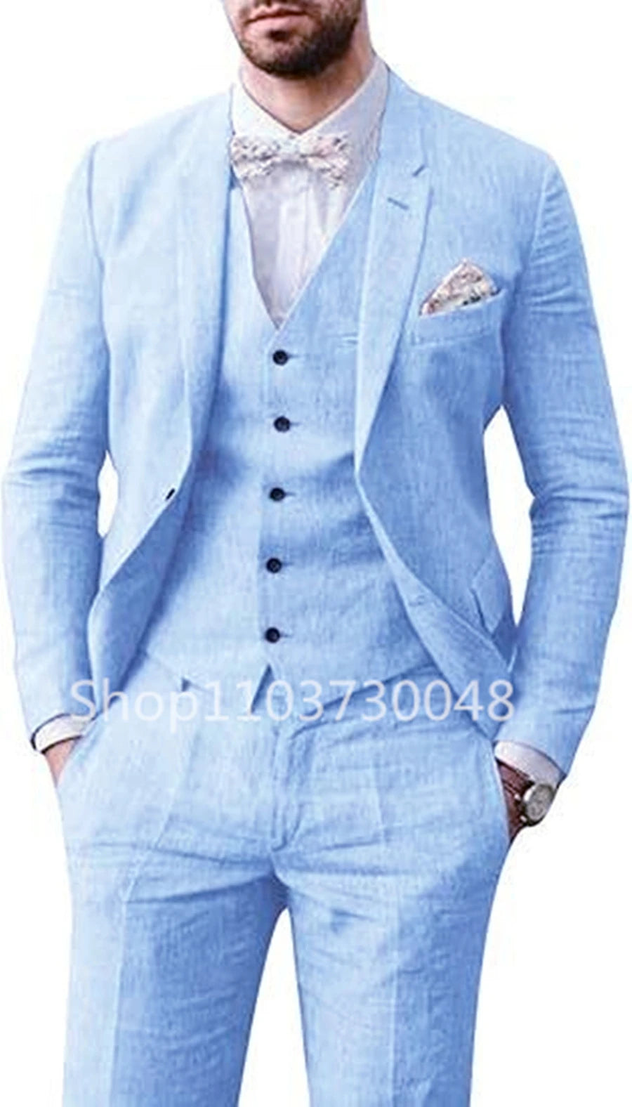 Beige/Blue Men’s Linen Suit – Casual Slim Fit 3-Piece Blazer, Vest & Pants, High-Quality Summer Formal Wear
