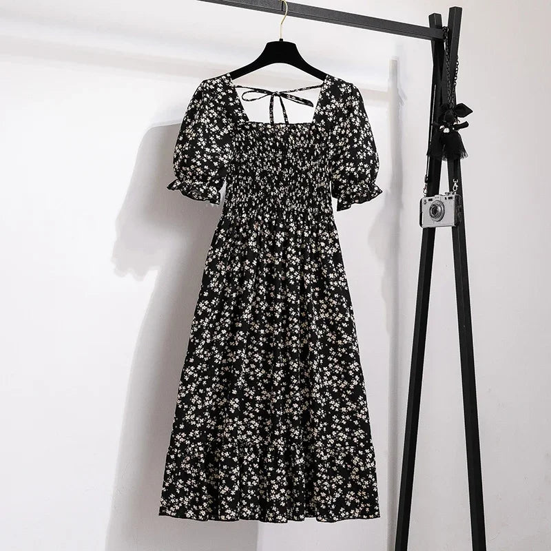Spring Summer Women’s Chiffon Dress – Elegant Pleated Short Sleeve A-Line Casual Wear