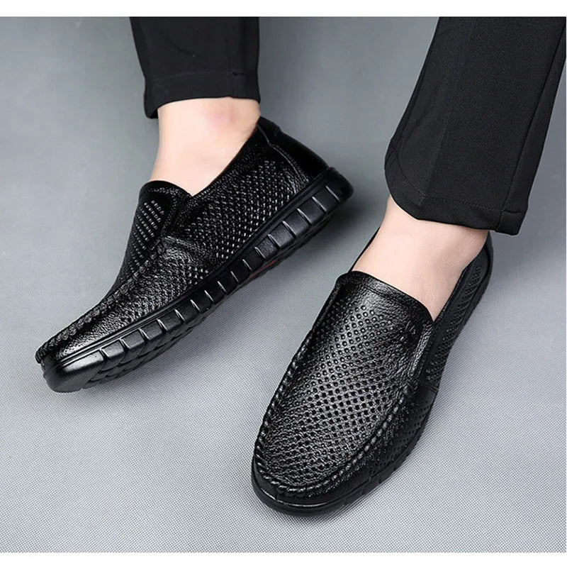 Fashion Genuine Leather Shoes Men Flat Breathable Summer Mens Casual Shoes Soft Comfortable Leather Male Footwear KA3559