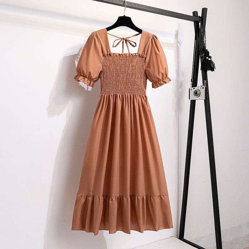 Spring Summer Women’s Chiffon Dress – Elegant Pleated Short Sleeve A-Line Casual Wear