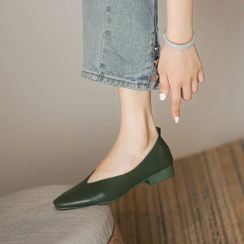 Women’s Genuine Leather Loafers – Low Heel, Round Toe, Casual Style