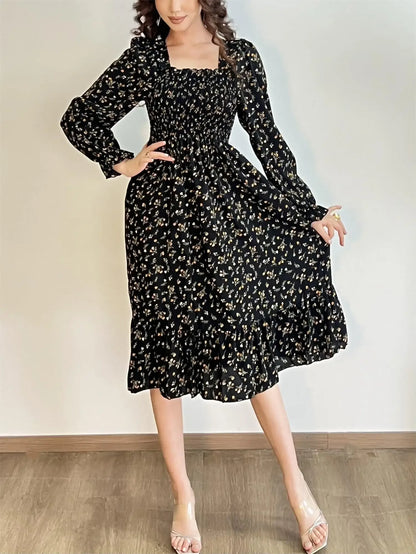 Elegant Floral Chiffon Midi Dress – Effortless Style for Spring & Autumn