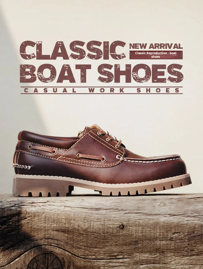 Maden Men's Vintage Second-layer Cowhide Boat Shoes Genuine Leather Derby Shoes Round Toe Low Top Boots British Style Work Shoes