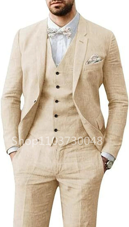 Beige/Blue Men’s Linen Suit – Casual Slim Fit 3-Piece Blazer, Vest & Pants, High-Quality Summer Formal Wear