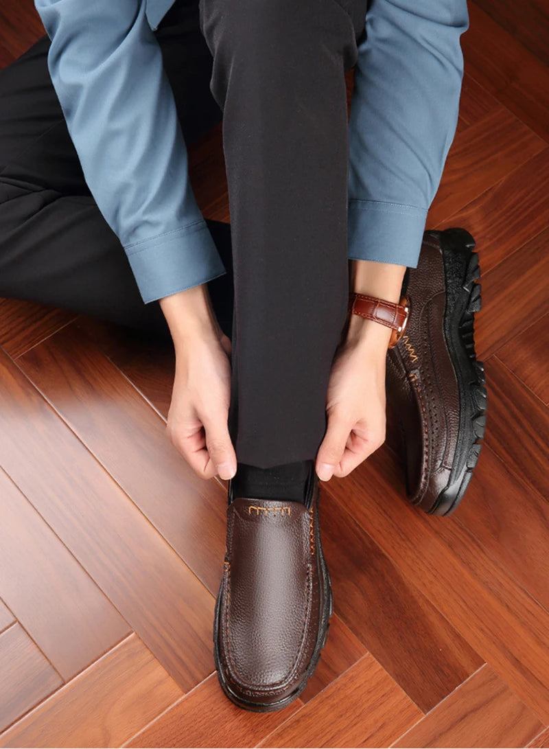 Men’s Genuine Leather Loafers – Soft Cowhide Casual Slip-On Shoes with Thick Sole, Black & Brown
