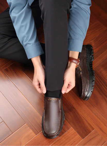 Men’s Genuine Leather Loafers – Soft Cowhide Casual Slip-On Shoes with Thick Sole, Black & Brown