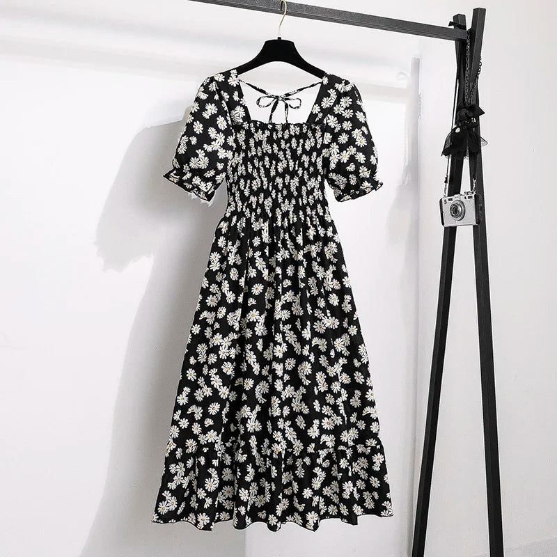Spring Summer Women’s Chiffon Dress – Elegant Pleated Short Sleeve A-Line Casual Wear