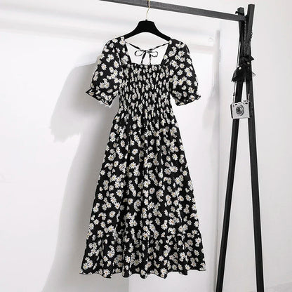 Spring Summer Women’s Chiffon Dress – Elegant Pleated Short Sleeve A-Line Casual Wear