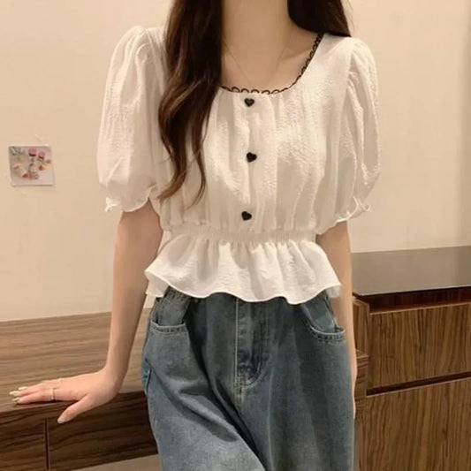 Summer Women’s Puff Sleeve Chiffon Shirt – Cute Ruffle Waist-Tight Casual Crop Top