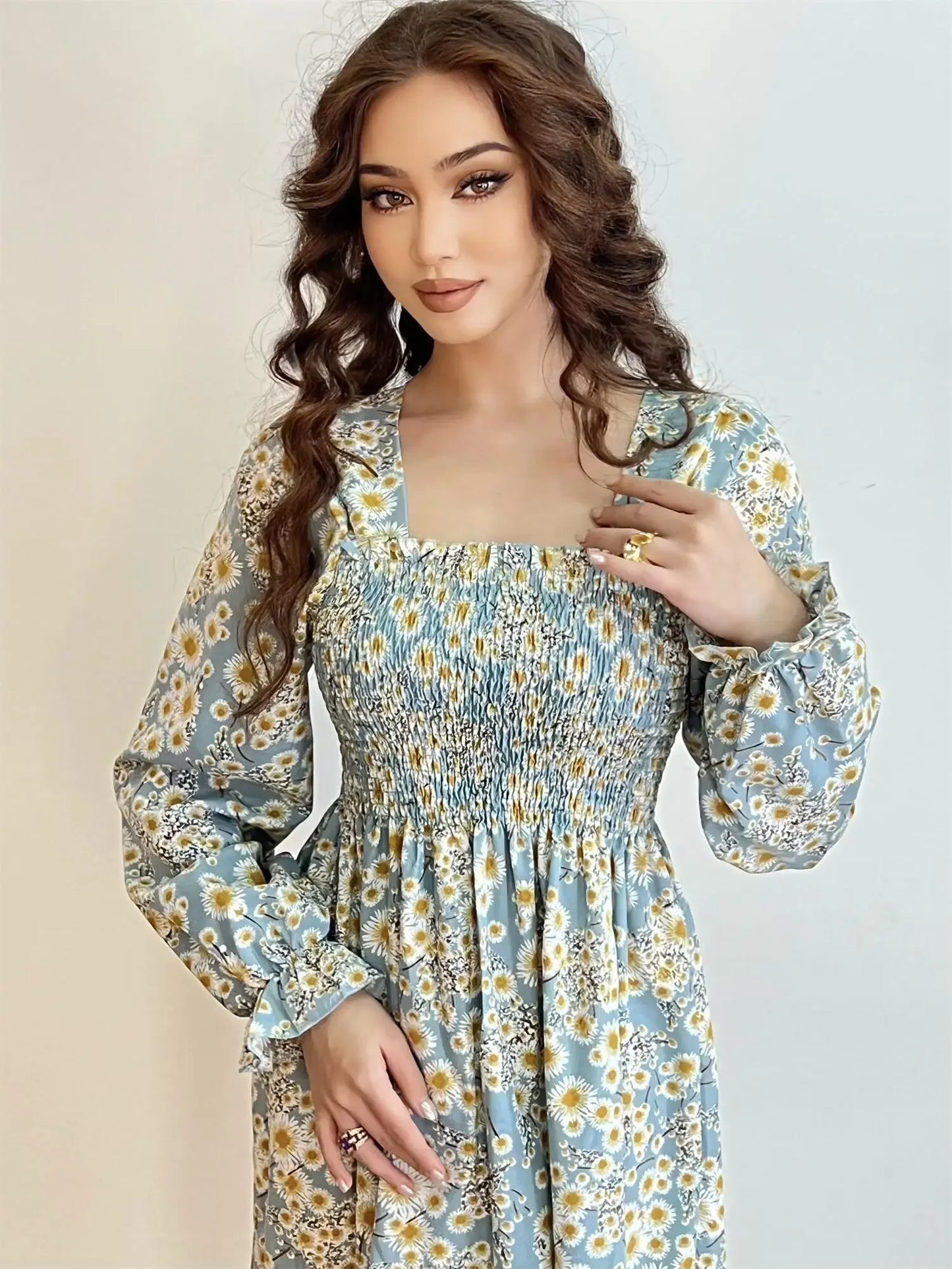 Elegant Floral Chiffon Midi Dress – Effortless Style for Spring & Autumn