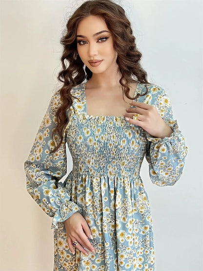 Elegant Floral Chiffon Midi Dress – Effortless Style for Spring & Autumn