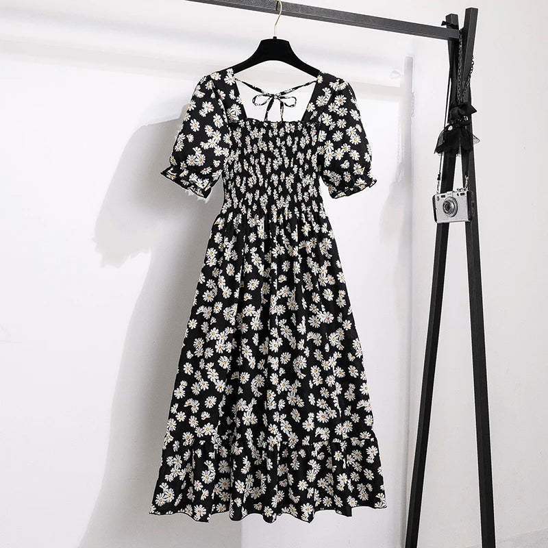 Spring Summer Women’s Chiffon Dress – Elegant Pleated Short Sleeve A-Line Casual Wear