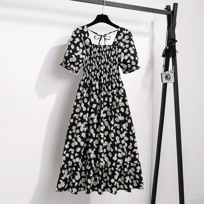 Spring Summer Women’s Chiffon Dress – Elegant Pleated Short Sleeve A-Line Casual Wear