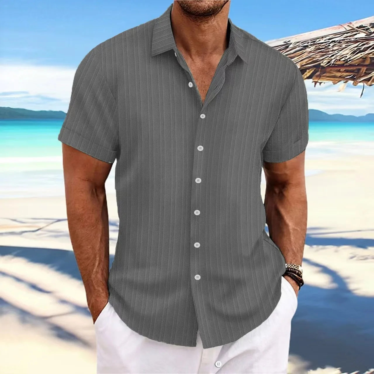 Men’s Short-Sleeve Jacquard Shirt – Trendy Solid Color Wave Stripe Casual Wear
