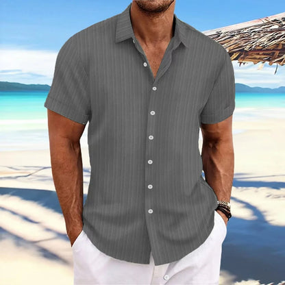 Men’s Jacquard Wave Stripe Shirt – Solid Color Short Sleeve Casual Top