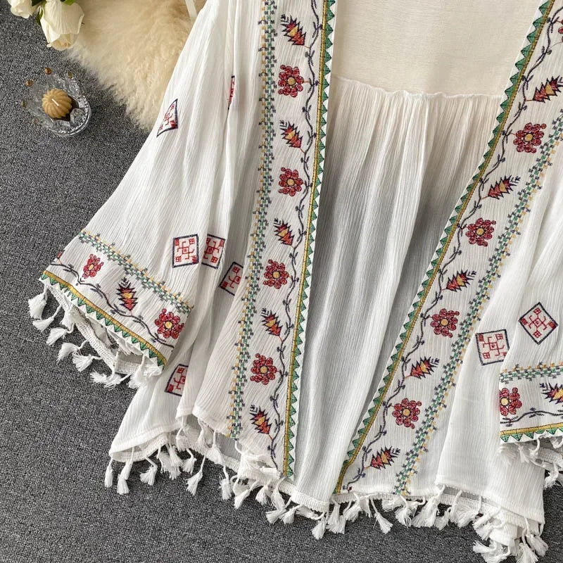Women’s Bohemian Chiffon Shirt – Embroidered Tassel Cardigan Style, Slim Waist Short Top