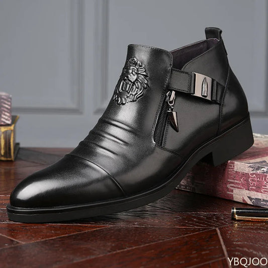 Men’s Winter Leather Ankle Boots – Elegant British Style with Side Zip & Non-Slip Sole