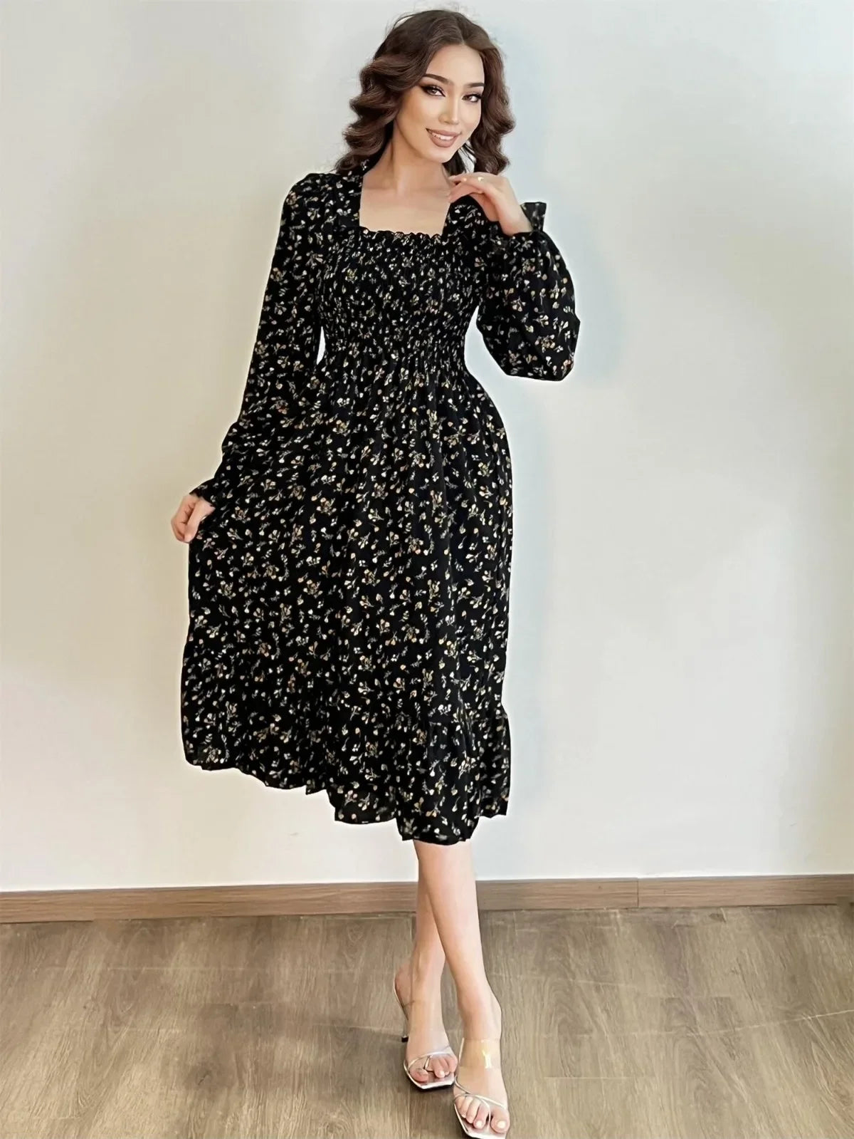 Elegant Floral Chiffon Midi Dress – Effortless Style for Spring & Autumn