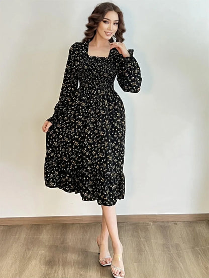 Elegant Floral Chiffon Midi Dress – Effortless Style for Spring & Autumn