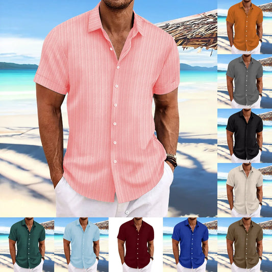 Men’s Short-Sleeve Jacquard Shirt – Trendy Solid Color Wave Stripe Casual Wear