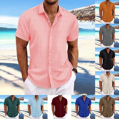 Men’s Jacquard Wave Stripe Shirt – Solid Color Short Sleeve Casual Top